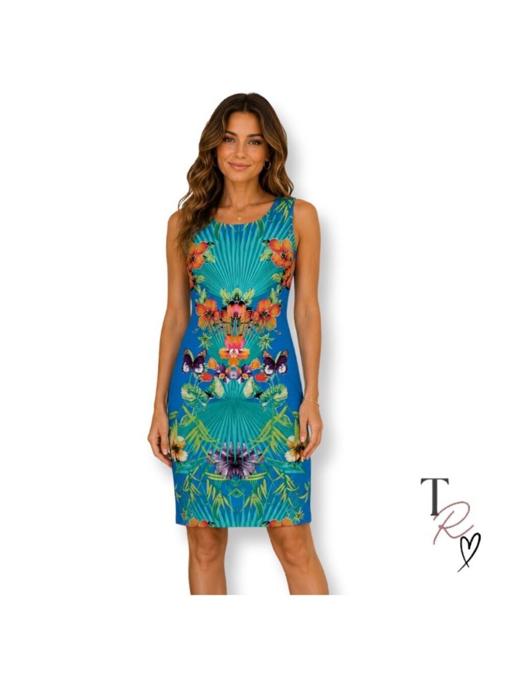Cache Tropical Resortwear Floral Butterfly Sleeveless Sheath Midi Dress Medium